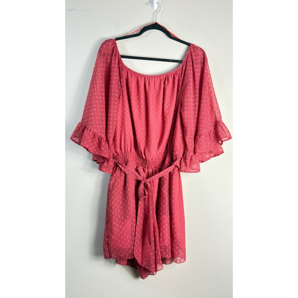 Glam Romper Coral Pink Swiss Dot Ruffle Off Shoulder Women Size L Cottagecore